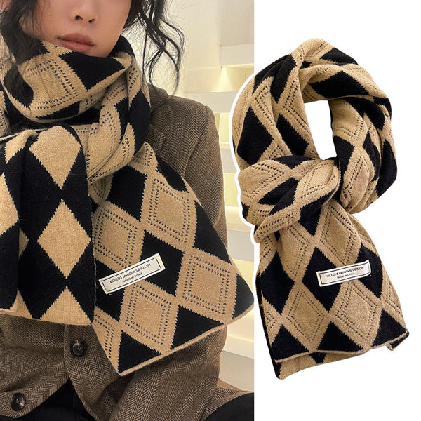 Knitted Wool Small Scarf Women Camel Rhombus Thickened Warm-Scarves & Wraps-Zishirts