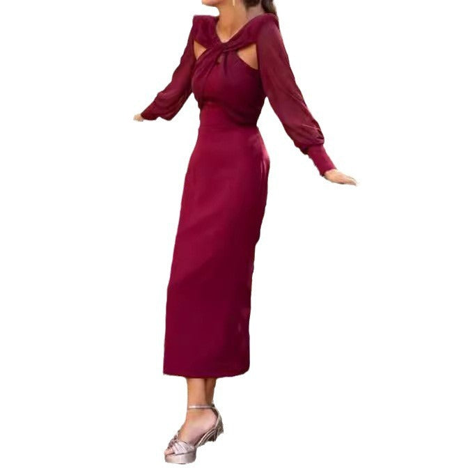 European And American Elegant Solid Color Hollow Twist Stitching Long Sleeve Slim Fit Dress-Lady Dresses-Zishirts