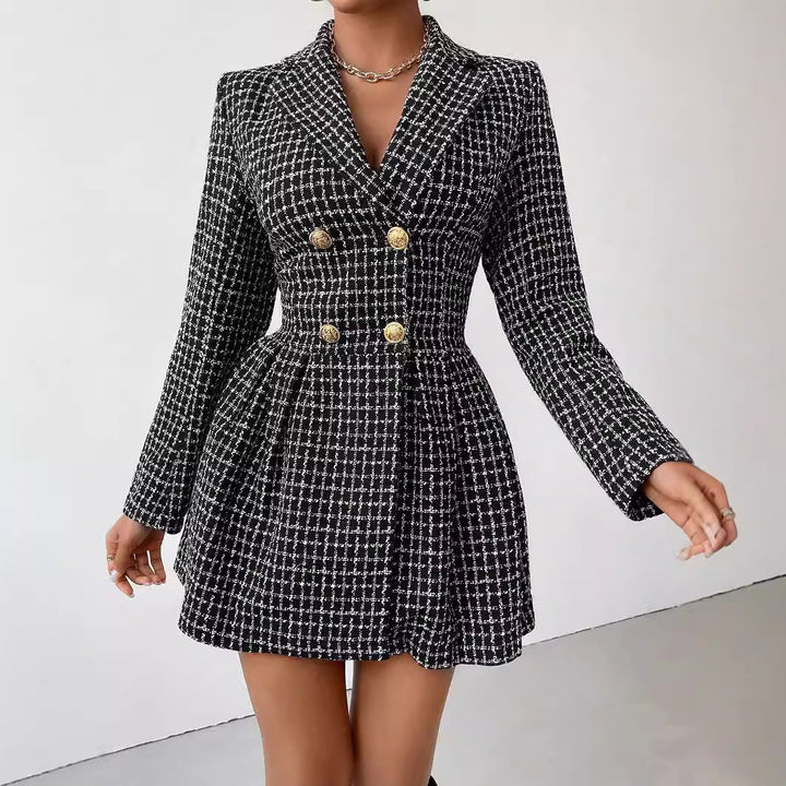 Fashion Plaid Temperament Commute V-neck Long Sleeve Skirt Coat-Jackets-Zishirts