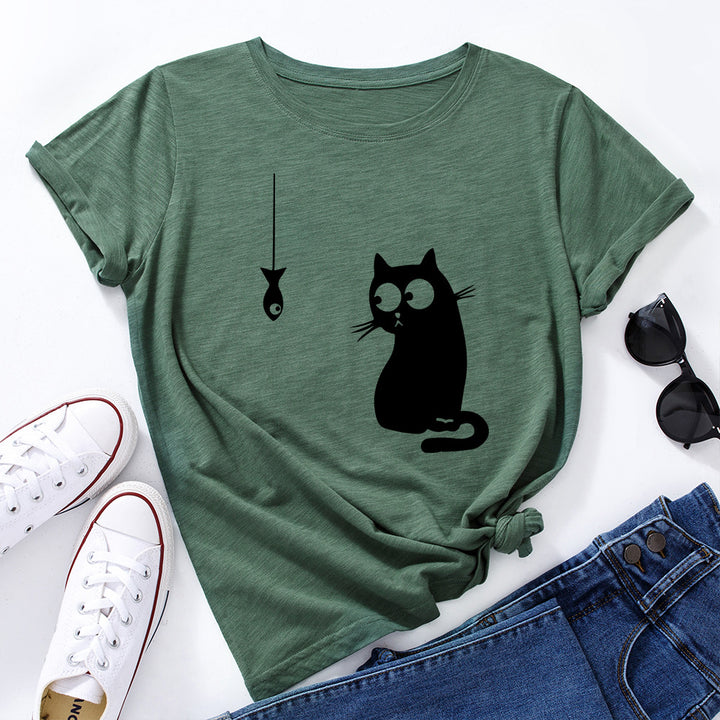 Women's Cute Cat Loose Round Neck Cotton Short Sleeve-Women's Outerwear 2023-Zishirts