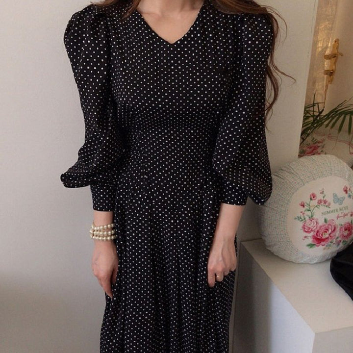 Women's Fashionable Slim Collar Slim-fit High Waist Lace-up Lantern Sleeve Dress-Lady Dresses-Zishirts