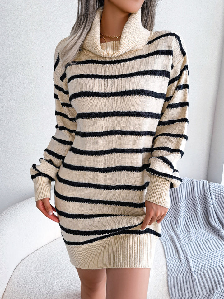 Casual Turtleneck Striped Dress Long Sleeve Base Sweater Dress-Lady Dresses-Zishirts