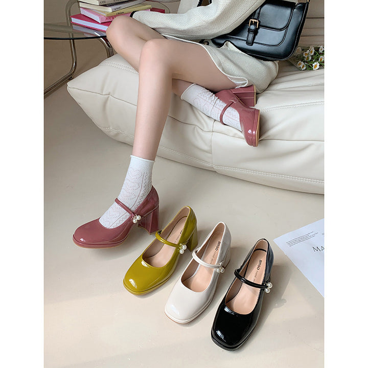 Square Toe Low-cut Retro Shoes French Chunky Heel High Heels-Womens Footwear-Zishirts