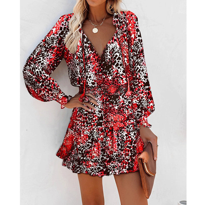 Printed Patchwork Puff Sleeve Waist Dress-Lady Dresses-Zishirts