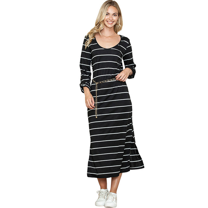 Long Sleeve Striped Printed All-matching Casual Style Pullover Dress-Lady Dresses-Zishirts