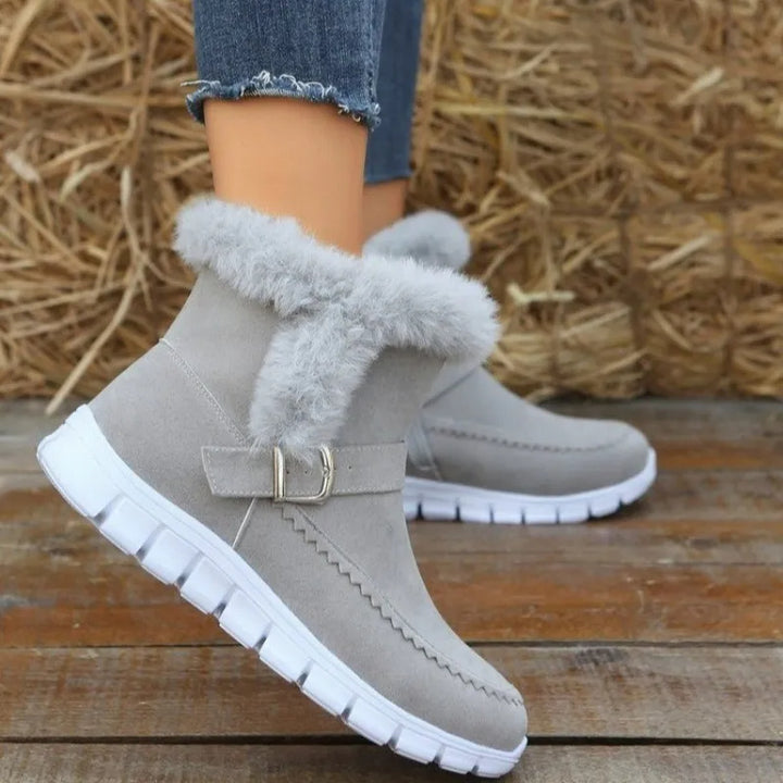 New Snow Boots Winter Warm Thickened Solid Color Plush Ankle Boots With Buckle Design Plus Velvet Flat Shoes For Women-Womens 2024 March-Zishirts