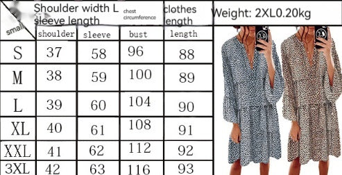 Women's Clothing Leopard Print V-neck Plus Size Loose Long Sleeve Dress-Womens 2024 March-Zishirts