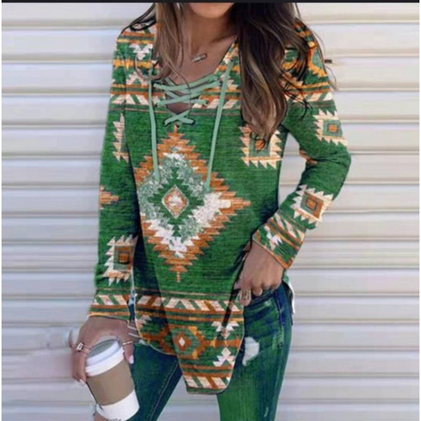 Fall V-neck Lace Ethnic Style Pullover Long Sleeve Women's Clothing-Blouses & Shirts-Zishirts