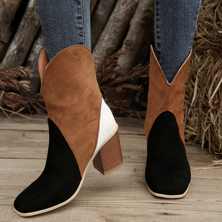 Fashion Splicing Suede Boots Retro Pointed-toe Square High Heel Mid-calf Boots For Women Fall And Winter Shoes-4-Zishirts