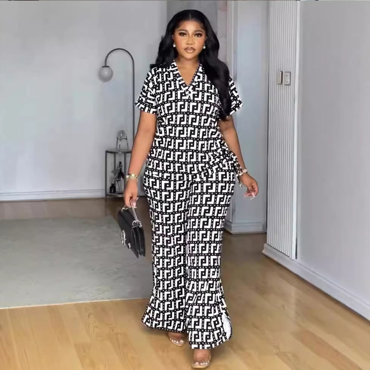 European And American Printed V-neck Pleating Wide Leg Pants Two-piece Set-Suits & Sets-Zishirts