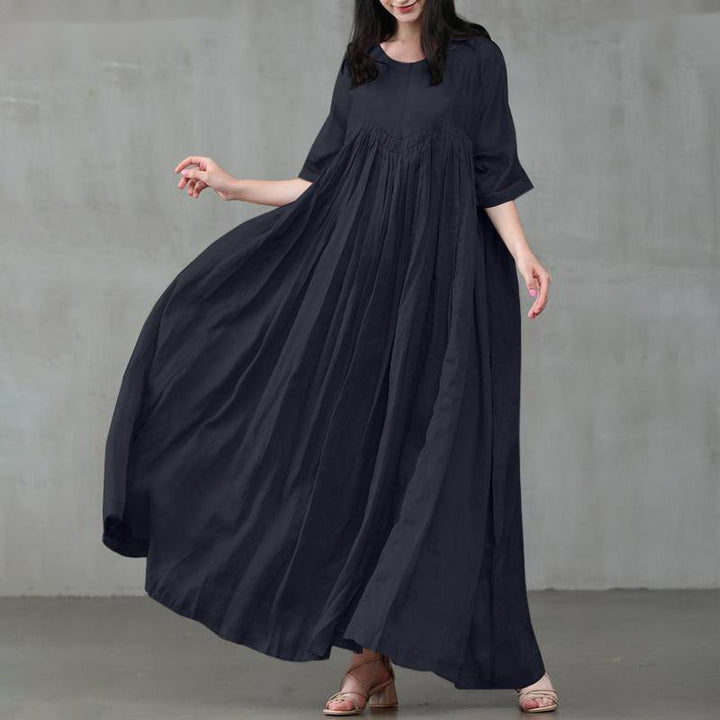 Cotton And Linen Pullover Round Neck Big Swing Solid Color Dress-Lady Dresses-Zishirts