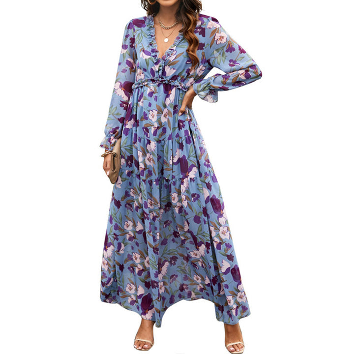 Printed Long Sleeve Dress Women's V-neck Loose-Women's Outerwear 2023-Zishirts