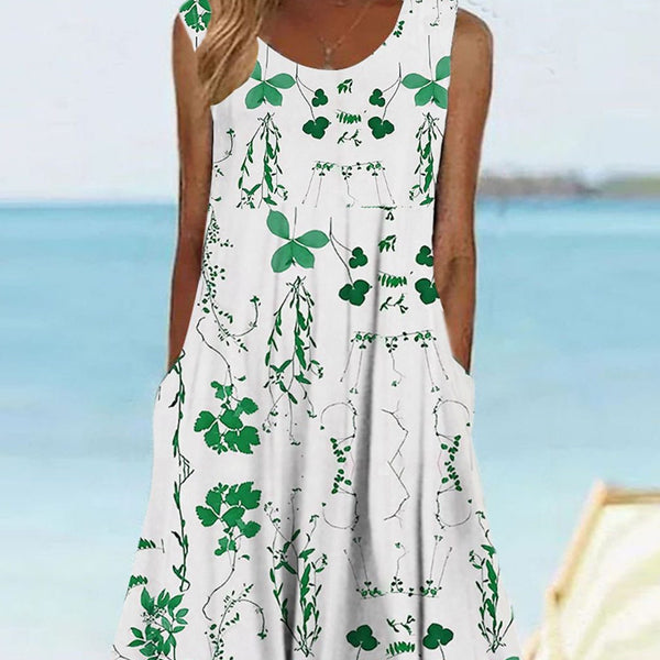 3D Floral Print Seaside Vacation U-neck Sleeveless Mid-length Dress-Womens 2024 March-Zishirts