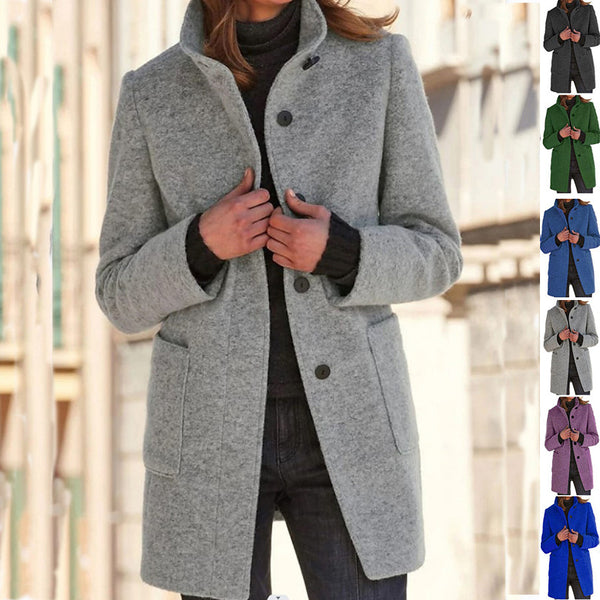 Fashion Stand Collar Woolen Coat With Pockets Fall Winter Casual Button Outwear For Women Clothing-Jackets-Zishirts