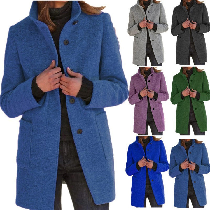 Fashion Stand Collar Woolen Coat With Pockets Fall Winter Casual Button Outwear For Women Clothing-Jackets-Zishirts