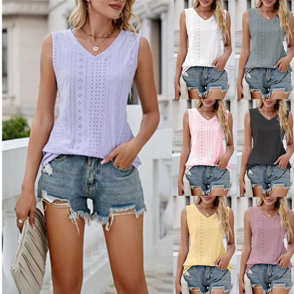 V-neck Vest Hole Hollow-out Sleeveless Top-Blouses & Shirts-Zishirts