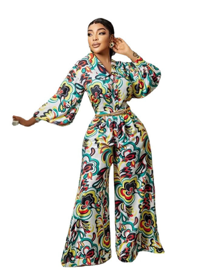 V-neck Printed High Waist Wide Leg Straight Jumpsuit-Suits & Sets-Zishirts