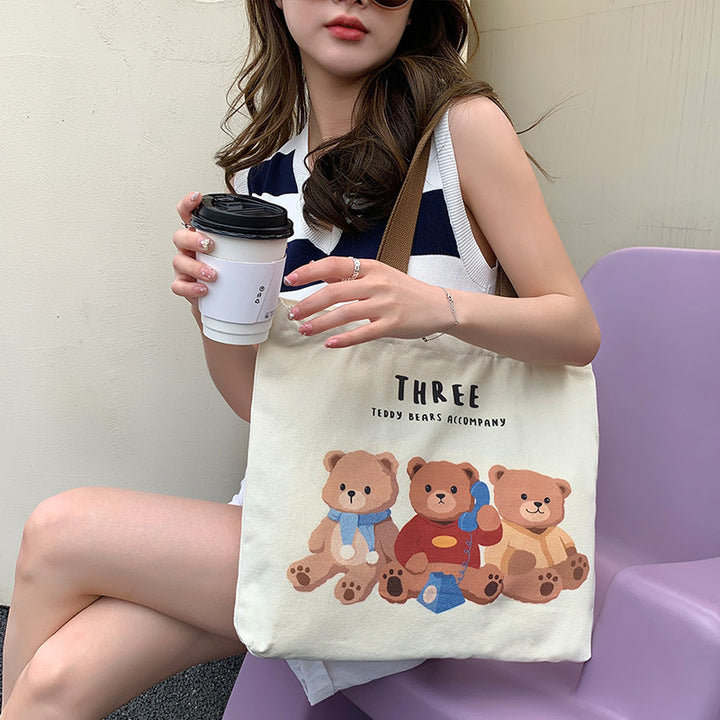 Cute Bear Printed Canvas Bag Women All-match Shoulder Bags Student Large Capacity Daily Handbags-Women's Bags-Zishirts