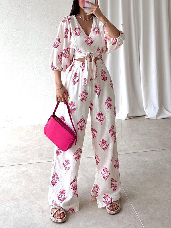 Women's Elegant V-neck Printed Puff Sleeve Top Trousers Two-piece Set-Suits & Sets-Zishirts