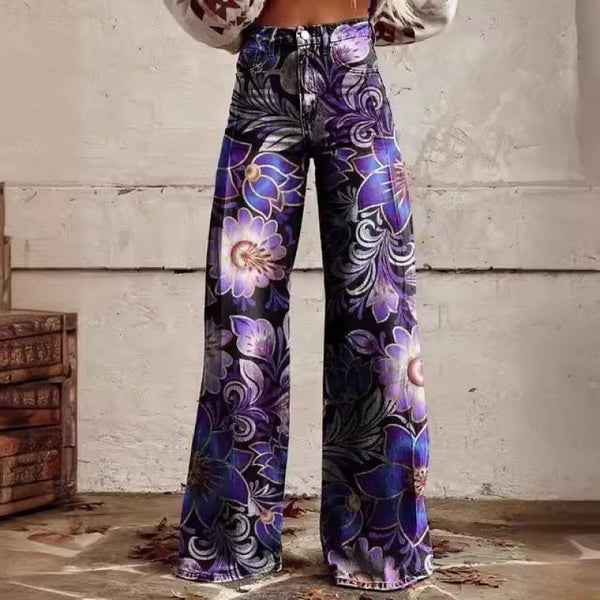 Fashion Women's Printed High Waist Loose Thin Imitation Denim Wide Leg Pants-Woman Jeans-Zishirts