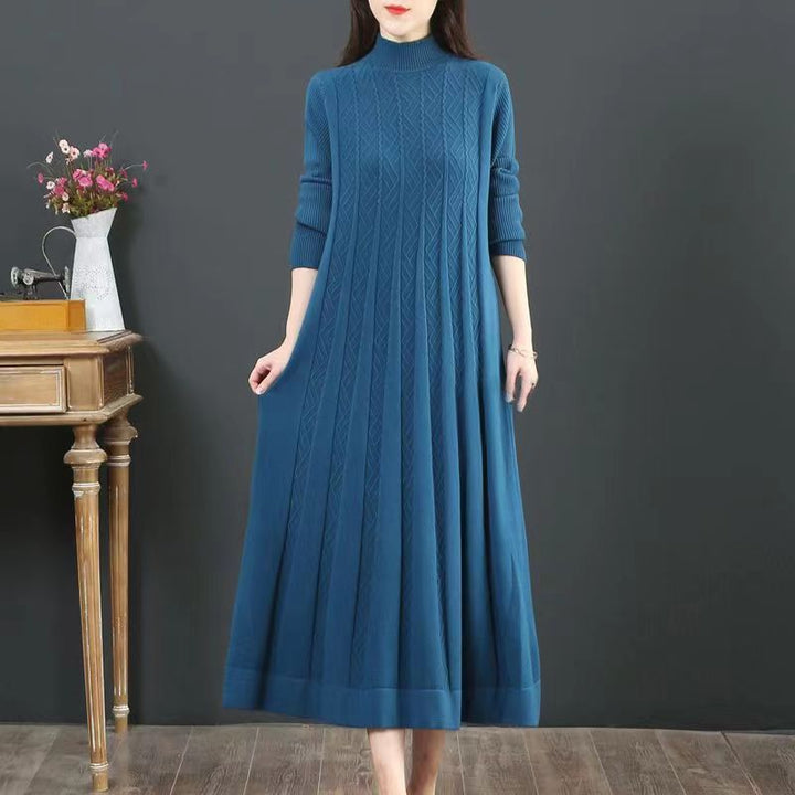 Women's Loose Solid Color Sweater Pleated Dress-Lady Dresses-Zishirts