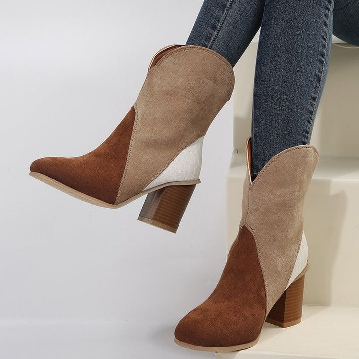 Fashion Splicing Suede Boots Retro Pointed-toe Square High Heel Mid-calf Boots For Women Fall And Winter Shoes-4-Zishirts