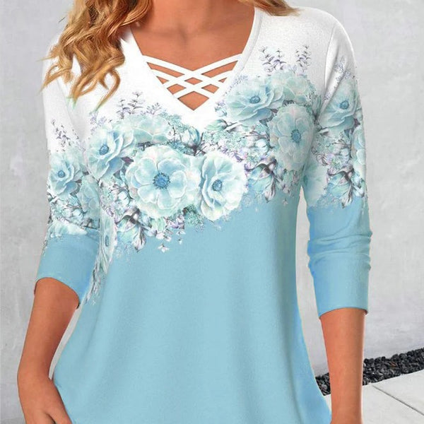 Women's V-neck Flower Print Long-sleeved T-shirt-Blouses & Shirts-Zishirts