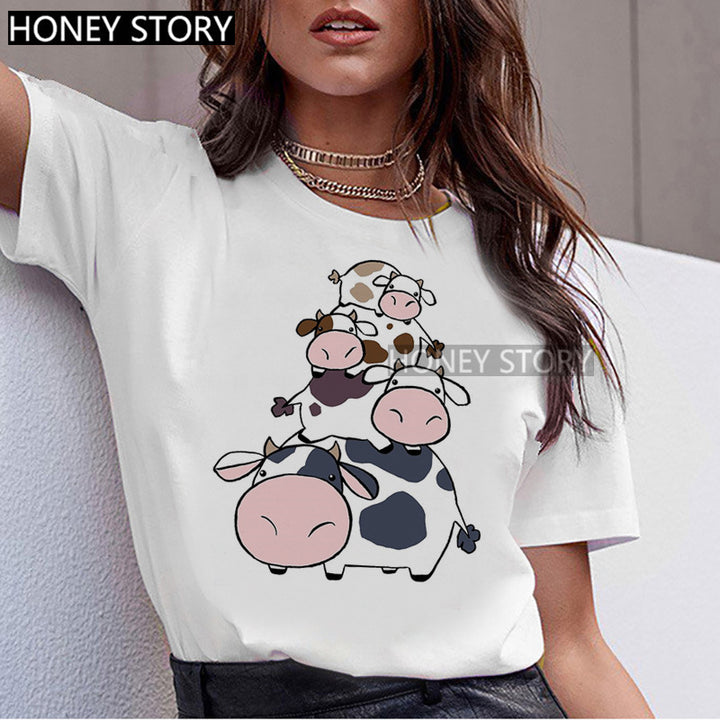 T-shirt Animal Cute Pattern Round Neck White Short-sleeve Top-Women's Outerwear 2023-Zishirts