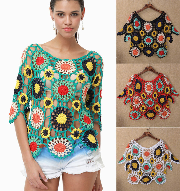 European And American Handmade Crochet Hollow-out Beach Cover-up Hand Crocheting Three-quarter Sleeve Crocheted Top-Sweaters-Zishirts