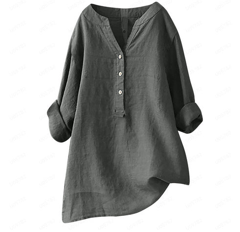 Loose Solid Color Cotton And Linen Top Shirt-Blouses & Shirts-Zishirts