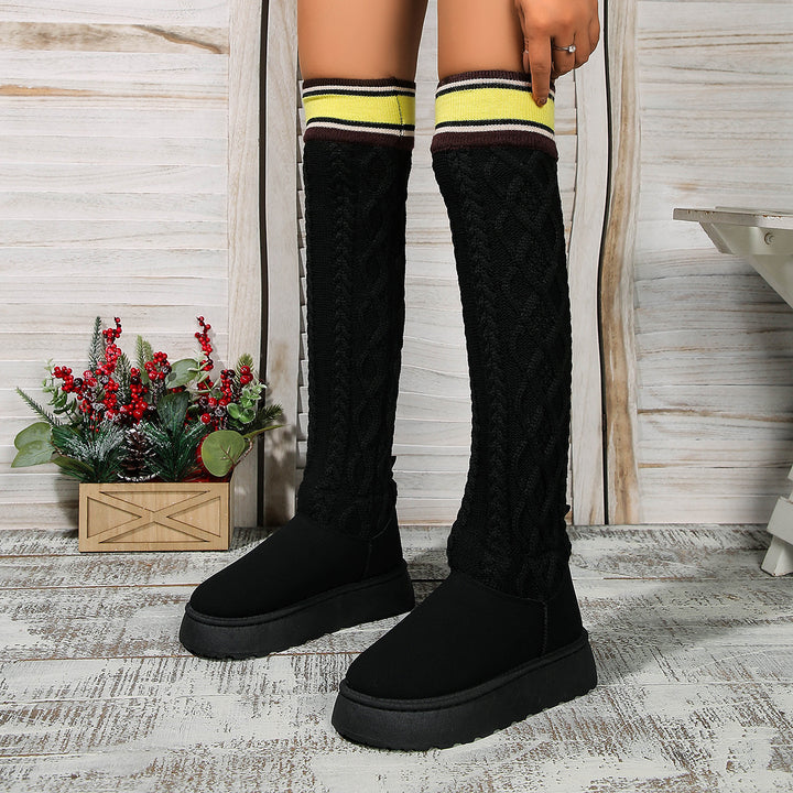 Winter Over-the-knee Boots With Long Knitted Sock Design Fashion Flat Thick-soled Shoes For Women Casual Warm Long Boot-4-Zishirts