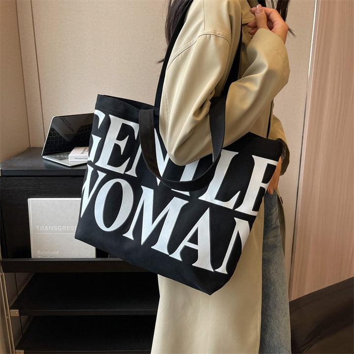 Large Capacity Canvas Bag Women Letter Printed Shoulder Travel Simple Handbags Travel Casual Daily Shopping Bags Totes-Women's Bags-Zishirts