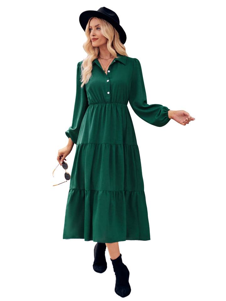 Solid Color Casual Shirt Collar Waist-controlled Long Sleeves Dress-Lady Dresses-Zishirts