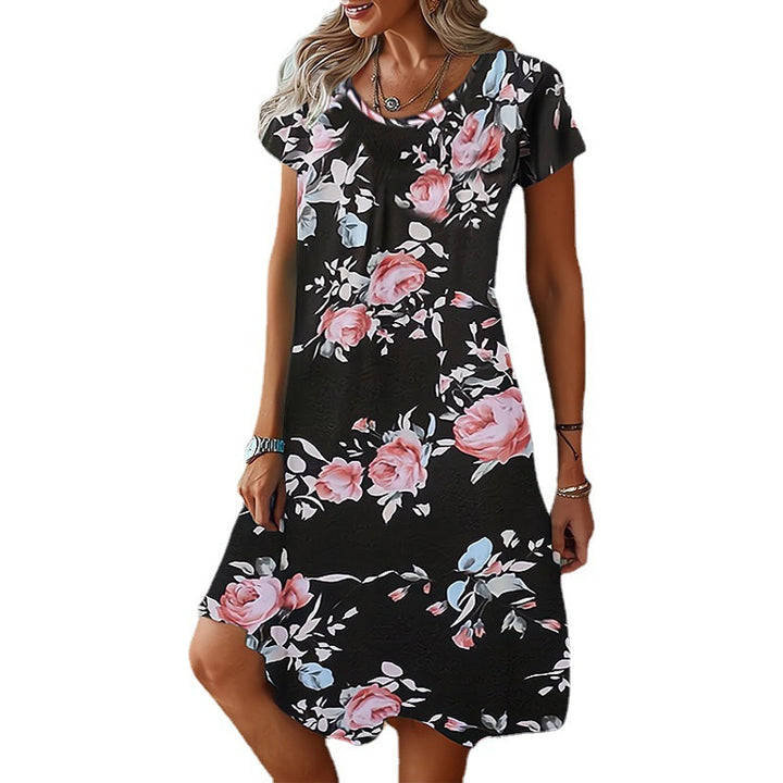 Women's Summer Fashion Casual Round Neck Loose Printed Short Sleeve Dress-Womens 2024 March-Zishirts