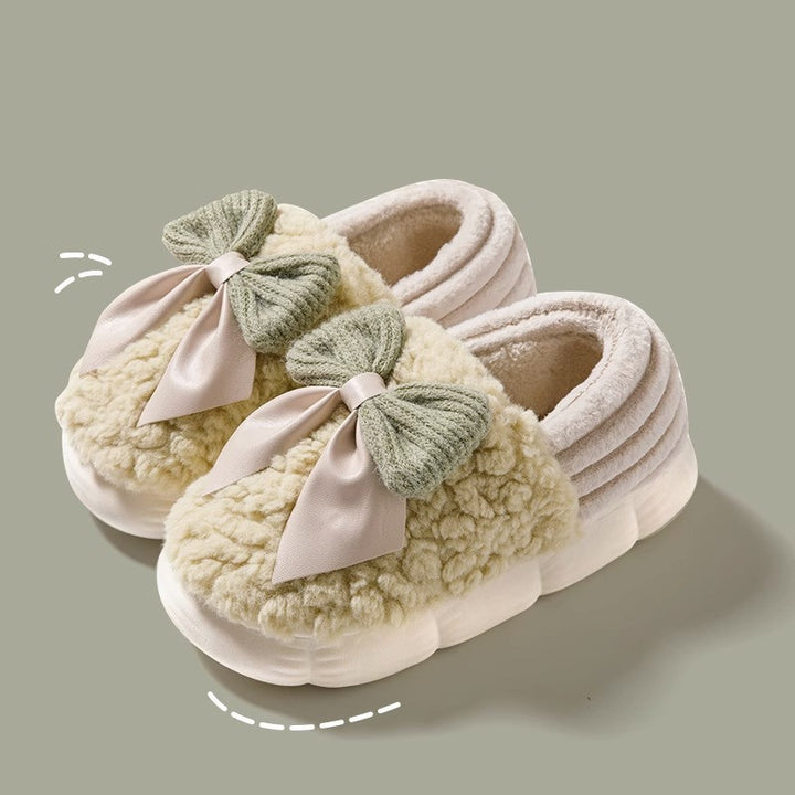 Big Bow-knot Fluffy Slippers Winter Warm Covered Heel Cotton Shoes Fashion Thick-soled Platform Slippers Indoor And Outdoor Garden Walking Shoes-Womens Footwear-Zishirts