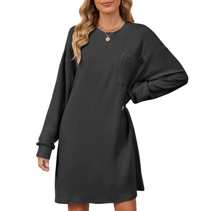 Round Neck Striped Pocket Loose Long Sleeve Dress-Lady Dresses-Zishirts