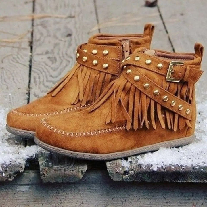 Retro Ankle Boots With Rivet Tassel Flat Shoes Women Winter Boots-Womens Footwear-Zishirts