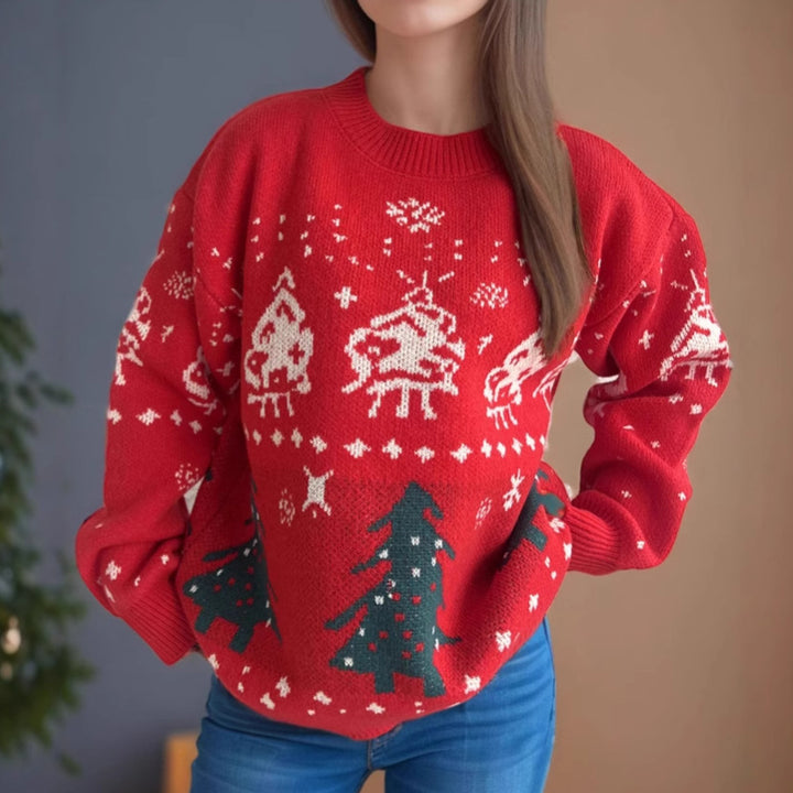 Christmas Red Sweater Women Jacquard Pullover Knitted Sweater-Sweaters-Zishirts