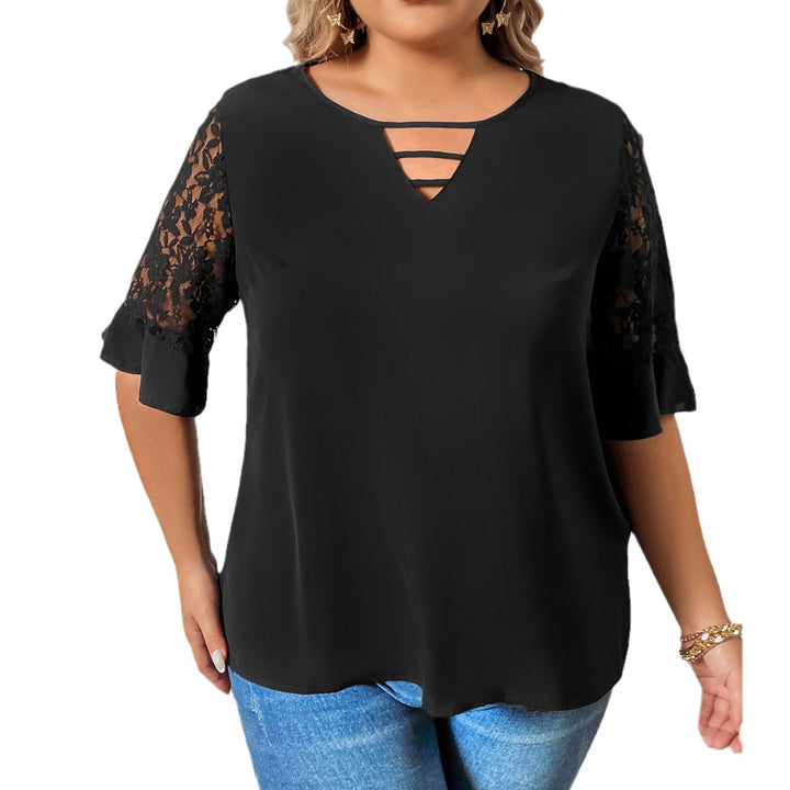 Women's Loose Pullover V-neck Lace Short-sleeved Top-Blouses & Shirts-Zishirts