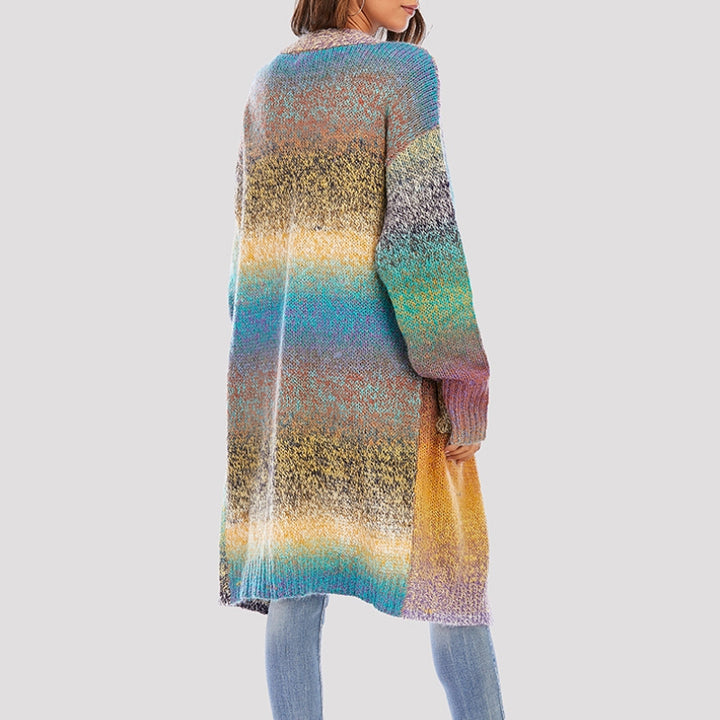 Knitted Sweater Loose Rainbow Long Coat Wool Cardigan-Sweaters-Zishirts