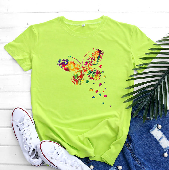 Women's Fashion Casual Heart Butterfly Printed Cotton Round Neck Short Sleeve-Women's Outerwear 2023-Zishirts