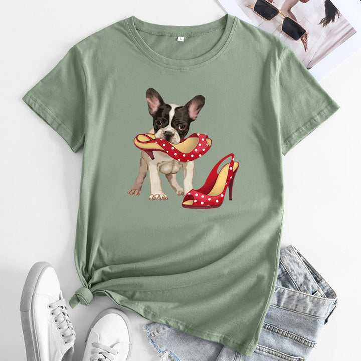 Loose And Cute Dog Print Pure Cotton Round Neck Short Sleeves-Blouses & Shirts-Zishirts