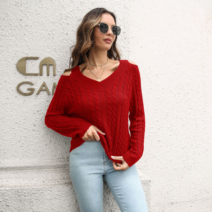 Twist Off-the-shoulder V-neck Sweater Loose Autumn And Winter Long Sleeve Sweater-Sweaters-Zishirts