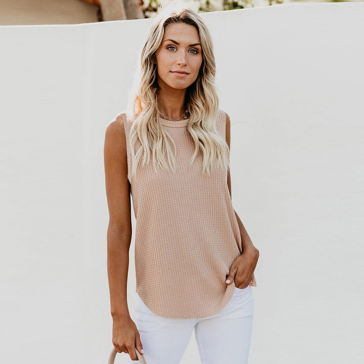 Solid Color Round Neck Sleeveless T-shirt Top Vest-Blouses & Shirts-Zishirts