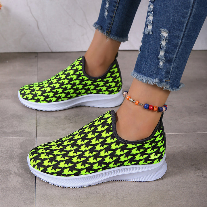 Houndstooth Print Sneakers Round Toe Mesh Flats Shoes-Womens Footwear-Zishirts