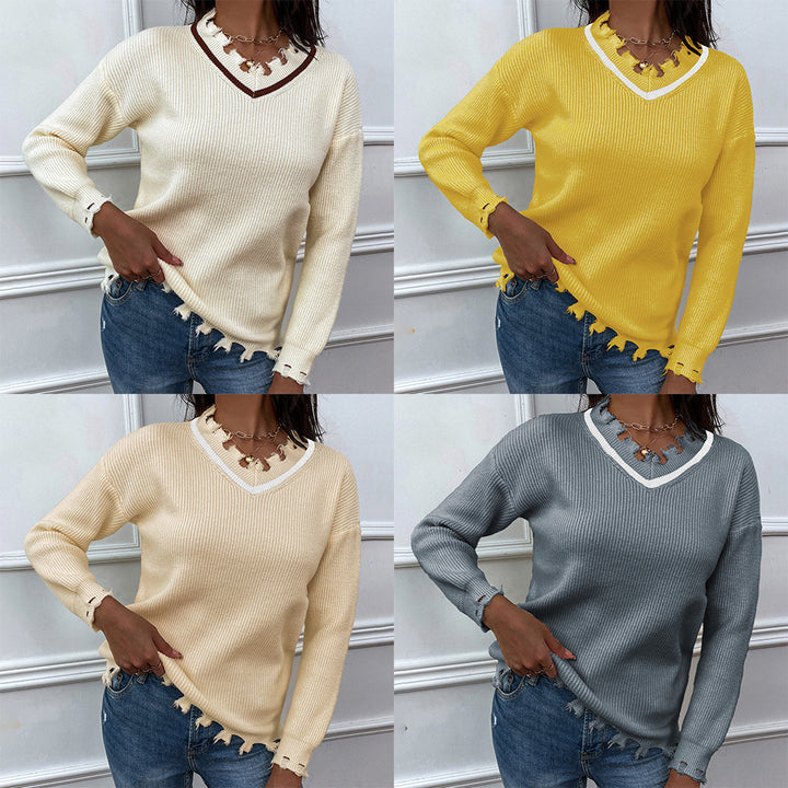 V-neck Solid Color Loose-fitting Women's Knitwear Sweater-Sweaters-Zishirts