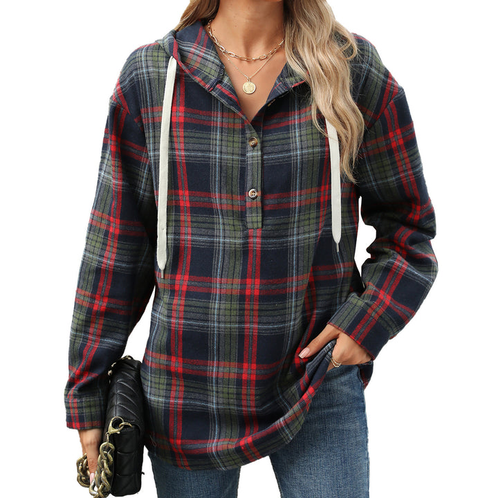 Fashion Plaid Print Hooded Sweatshirt With Button Loose Long Sleeve Hoodies Leisure Sports Top For Womens Clothing-Jackets-Zishirts