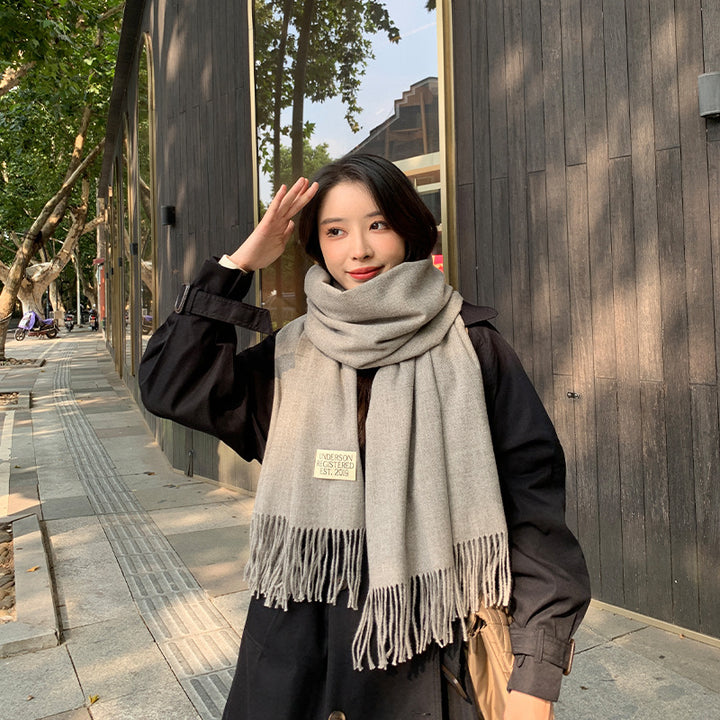 250g Solid Color Artificial Cashmere Scarf Thickened Warm Tassel Monochrome Shawl-Scarves & Wraps-Zishirts