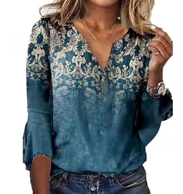 Printed V-neck Flare Sleeve T-shirt-Blouses & Shirts-Zishirts