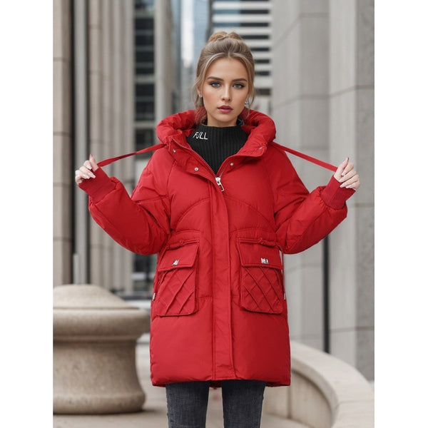 Winter Warm Hooded Coat With Pockets Fashion Solid Color Thicken Straight Cotton Jacket For Women Outerwear Clothing-Jackets-Zishirts